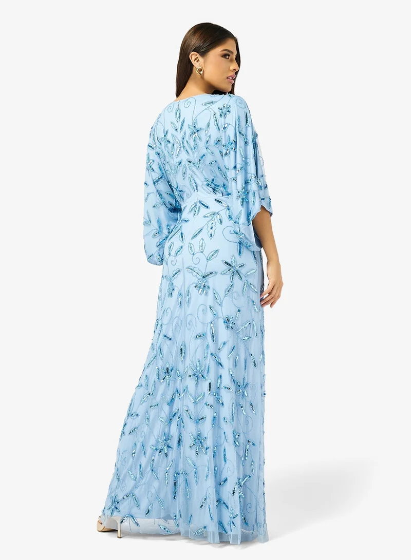 Frock and Frill Embroidered Cape Sleeve Maxi Dress